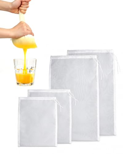DLPRK 4 Bolsas de Leche de Nuez Reutilizables con Cordón para Filtrar Jugo, Vino, Café, Yogur y Queso (2 Tamaños: 15x20 cm y 24x36 cm, 100 Micras)