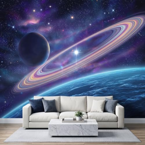 Papier peint photo intissé 300x210cm, 3D Stéréoscopique Papier peint Panoramique de haute qualité, pour salon et chambre, Nébuleuse Cosmique Planète Bleue Planétaires Chambre Gaming revêtement mural