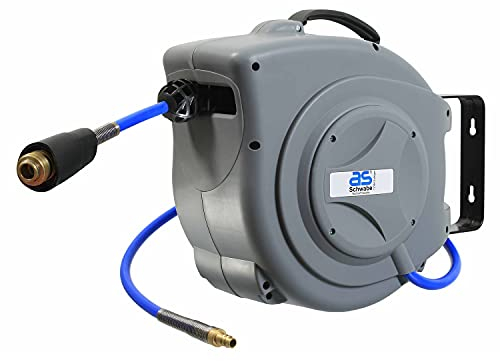 as - Schwabe automatische Druckluftschlauchtrommel 12 bar – 15 m PU-Schlauch, 1 m Anschlussschlauch - Aufroller mit Schlauchstopp und Schnell-Verschlusskupplung - massive Wandhalterung - Grau, 12613