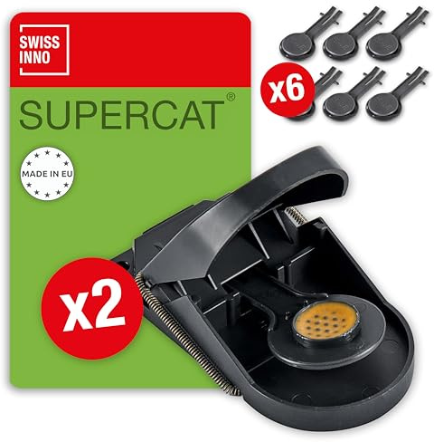 SWISSINNO Trappola per Topi SuperCat: Professionale con Esca al Burro di Arachidi, Meccanismo a Molla Potente, per Topi Grandi e Piccoli, Uso Interno ed Esterno - 2 Trappole + 6 Esche