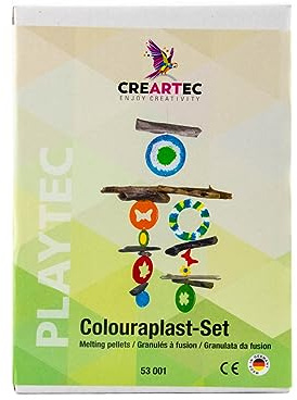 CREARTEC Colouraplast Set – Kunststoffperlen zum Schmelzen - für Fensterbilder, Mobiles & dekorative Unikate - inkl. 6 Farbe, Silikonrahmen & Schmelzformen - witterungsbeständig - Made in Germany
