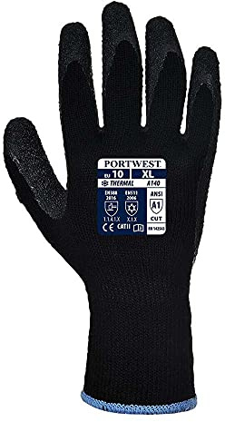 Portwest A140 Cold 10 Latex Crinkle Glove Cut Resistant Thermal Polyester | Black, 2X Large, EN ISO 21420 Dexterity 4, EN 511, EN 388, Regular Fit, Breathable Seamless Liner, Heavy Duty, Construction