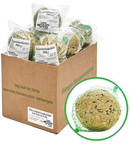 Paul´s Mühle Riesen-Meisenknödel, Premium Ergänzungsfutter für Wildvögel, mit Netz im Karton, 12 Stück (12 x 500 g)