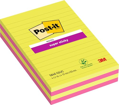 Post-it Super Sticky Large Notes, Lined, 90 Sheets, Pack of 2 Pads, 127 mm x 203 mm - Holds Strong to Many Surfaces - Pink, Green - for Walls, Monitors and Fridge, Recycable