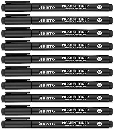 Aristo AR23503 Pigmentliner 0,3 mm (Fineliner mit hochpigmentierter Tinte, licht- und wasserbeständig, metallgefasste Spitze) 10 Stück, schwarz