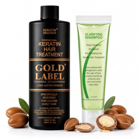 Gold Label 120ml Professional Results Brazilian Keratin Blowout Hair Straightening Treatment with Clarifying Shampoo Enhanced Specifically Designed for Coarse Curly Hair