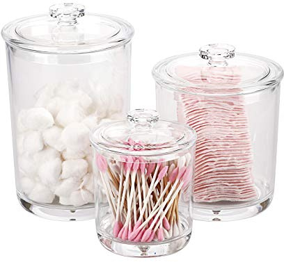 Sumnacon Set of 3 Size Clear Arclic Apothecary Jars with Lid，Cotton Ball & Swabs Holder Clear Acrylic Bathroom Storage Container