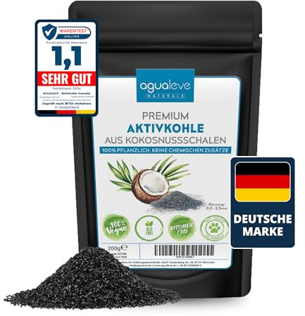 AGUALEVE® Premium Aktivkohle Granulat 200g aus Kokosnussschalen - Die Nr. 1 - Pflanzen, Katzenklo, Aquarium, & Co. - 100% natürlich, frei von chemischen Zusätzen und Bitumen - Körnung: 0,5-2,5mm