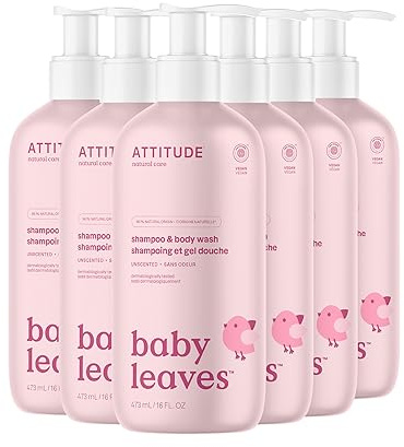 ATTITUDE 2-in-1 Shampoo and Body Wash for Baby, EWG Verified, Dermatologically Tested, Made with Naturally Derived Ingredients, Vegan, Unscented, 16 Fl Oz (Pack of 6)