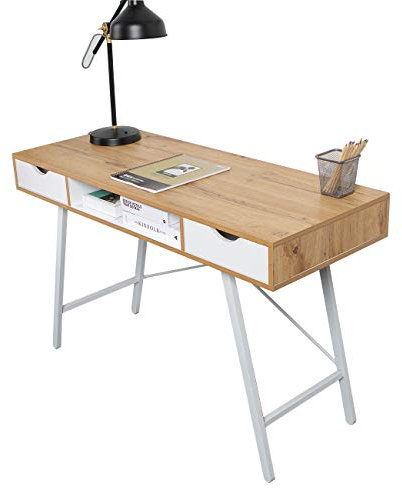 DlandHome Escritorio de Oficina en casa de 47 Pulgadas con 2 cajones, Moderno Escritorio de Oficina para computadora, estación de Trabajo, Escritorio de Estudio con Amplio Escritorio, Mesa de tocador