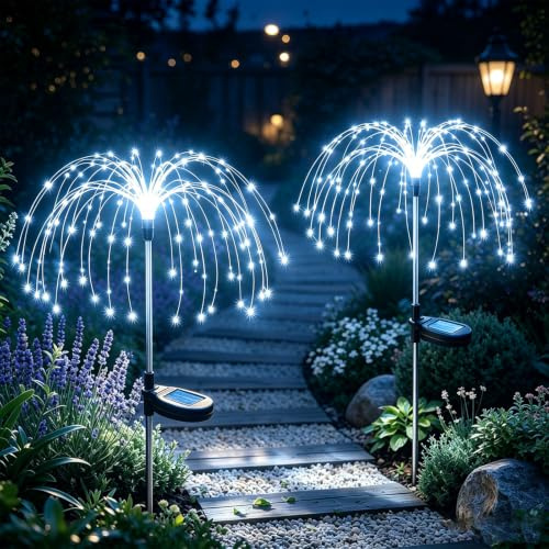 XRR Solarlampen für Außen, 2 Stück Solar Feuerwerk‑Lichter mit 120 LED, 2 Beleuchtungsmodi, IP65 wasserdicht, Solar Gartenleuchten für Gehwege, Terrasse, Rasen, Partys, Kalt‑Weiß
