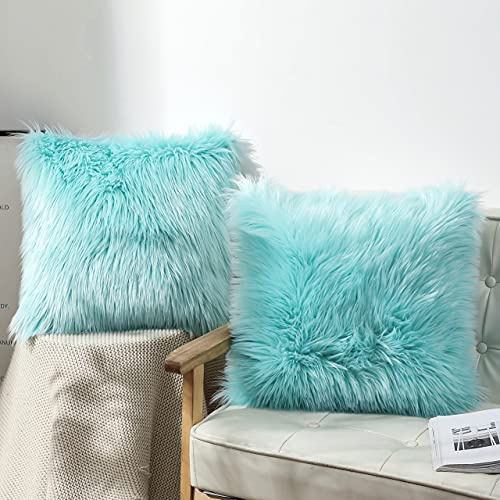 OYIMUA Kunstfell Flauschig Kissenbezug 40x40 2er Set Shaggy Lammfell Deko Kissenhülle 40x40 Hell Türkis Fellkissen Zierkissen für Wohnzimmer Couchkissen Balkon Dekokissen Garten Outdoor Kissen