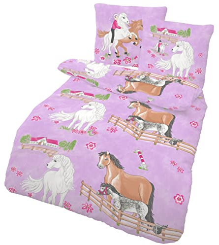 Pferde Bettwäsche Set 135x200 für Mädchen Kinder Rosa - Pferd Pony Kinderbettwäsche - Renforce Baumwolle - Kissen 80x80 + Bettbezug