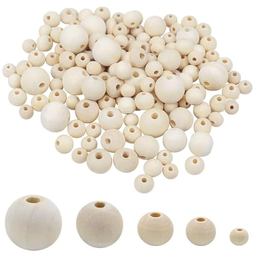 150 Perline di Legno Naturale, Sfera Con Foro Tondo, per DIY Creazione di Gioielli Artigianali (5 Formati: 8 mm, 12 mm, 16 mm, 20 mm, 25 mm)
