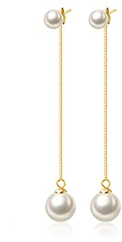 SLUYNZ Sterling Silber Perlen baumeln Ohrringe Kette für Frauen Damen Hochzeit Perle Tropfen Ohrringe Lange Quaste (B-Gold)