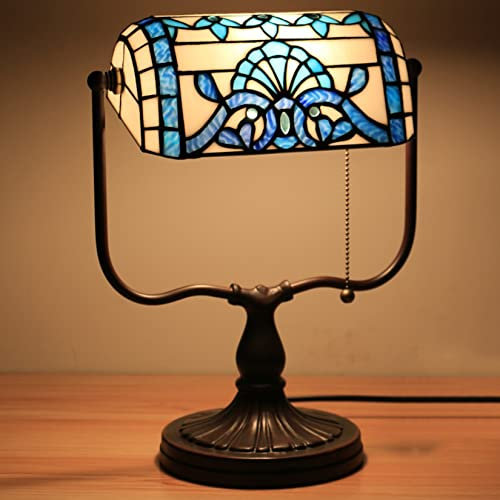 AIBOTY Barock-Tischlampe, Tiffany-Stil, blau-weißes Buntglas, barocke Banker-Lampe, Schlafzimmer, Nachttisch, Wohnzimmer, Bürotisch, Nachtlicht mit Zugkettenschalter,Blau,13in