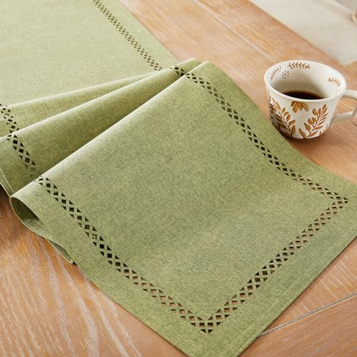 Aoztio Runner da tavola in Stile Burlap, Runner da Tavolo Verde Salvia Lungo 90cm, Runner da tavola Geometrico Rustico in Stile Lino per cene, Feste e Uso Quotidiano - Verde Salvia, 90cm