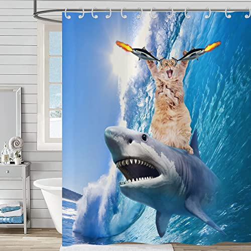 Hnmdmyi Duschvorhang Lustig 120x200, Coole Katze Reitet Hai Duschvorhänge Ozean Meer Wellen Fisch Blau Niedliche Kinder Jungen Badewanne Vorhang Wasserdicht Polyester Stoff Waschbar Badevorhang