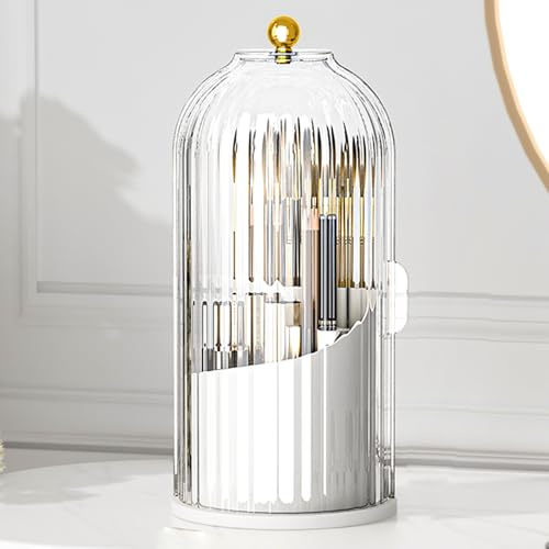 Veki Organizador de Maquillaje Giratorio 360 Grados, Almacenamiento de Cepillo de Cosmético, con Tapa Acrílica Transparente, Adecuado Para Mesas de Maquillaje, Baños (Blanco Transparente)