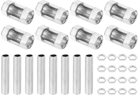 PATIKIL M10 Fine Thread Lamp Pipe Repair Kits, 32 Pcs M10×30 Metal Hexagon Open Coupling Nut with Threaded Pipe and Hex Nut for Light Extension Rod