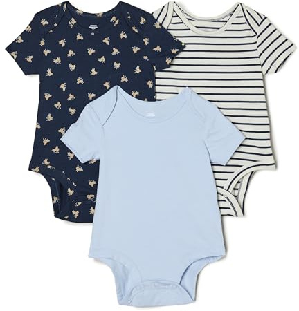 Amazon Essentials x Sofia Grainge Body Col Rond Manches Courtes Mixte Bébé, Lot de 3, Bleu Clair/Lapins/Rayures, 12 mois