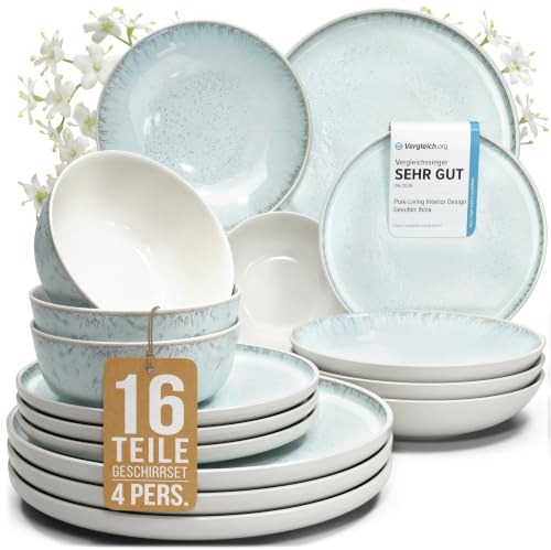 Steingut Geschirrset 4 Personen Ibiza 16 tlg. TESTSIEGER, Traumhaftes Mediterranes Steingut Geschirr Set, Schüssel- und Teller Set, Tafelservice 4 Personen, Geschirrsets Pure Living in Blau-Beige
