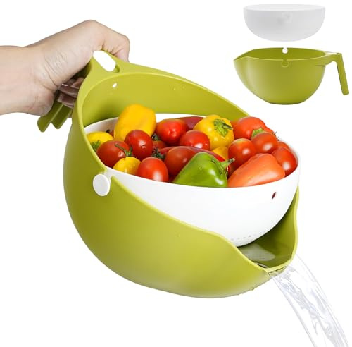 Rotatable Colander with Wash Bowl for Fruits and Vegetables - Soak, Wash and Drain Double Layer Strainer with Bowl - Pasta, Spaghetti,Noodles,Beans,Fruit and Vegetables Strainer with Handle (Green)