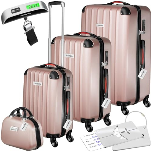 tectake® Set de Valises de Voyage, Coque Rigide en ABS, 3 Tailles M-L-XL + Vanity Case, roulettes Pivotantes à 360°, Serrure TSA, Poignée télescopique, Pèse-Bagage et étiquettes Inclus - Or Rose