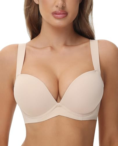 Upushall Push Up Thick Padded T Shirt Bra Underwire Support Plunge Everyday Bras for Women Add 2 Cup Nude 38C