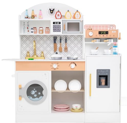 Costzon Kids Kitchen Playset, Wooden Pretend Play Kitchen with Coffee Maker, Ice Maker, Microwave, Washing Machine, Dish Rack, Stoves, Sink, Accessories, Toddler Toy Kitchen, Gift for Ages 3+ (White)