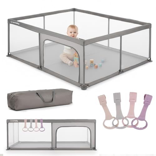 sun baby Lekhage med handtag gröna 150x200 cm 0-2 år Grå, polyester, nätväggar, ingång med dragkedja, halkfria fötter, förvaringsväska, metallram