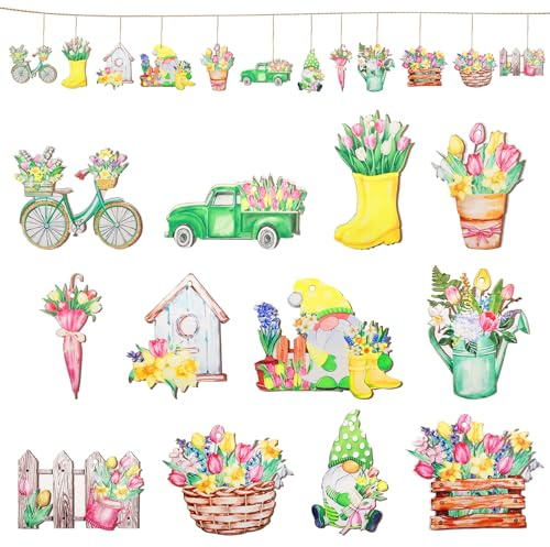 Holz Deko Frühling 12PC Frühlingsdeko Deko Frühling zum Aufhängen Hängedeko | Holz Anhänger Frühlingsblumen Zwerge, Tulpen für Zweige, Türen, Fenstern, Decken, Gärten, Höfen
