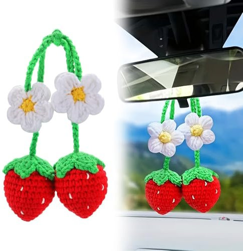 ZWWOGE 2 Pendentifs Voiture avec Marguerites et Fraises, Décoration Intérieur pour Rétroviseur, Accessoires de Mode et Déco Auto pour Femmes