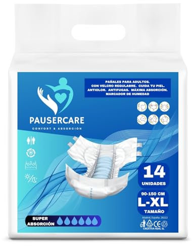 PAUSERCARE Pañales Adulto Unisex | Super Absorbentes Para Incontinencia | Hombres & Mujeres | 14 Unidades Desechables | Máxima Absorción Día y Noche (TALLA L-XL)