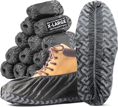 Cubrezapatos negros antideslizantes de tejido no tejido – 100 unidades (50 pares), desechables/reutilizables, con dibujo grip, resistentes a desgarros y desgaste, XL talla única hasta la 47 EU