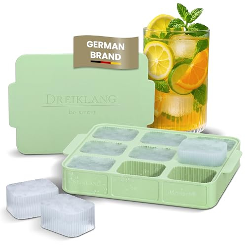 Dreiklang – be smart Molde de silicona para cubitos de hielo con tapa y asa | Apilable, cubitos grandes cuadrados con ranuras para fácil desmoldeo | Inodoro y neutro al sabor