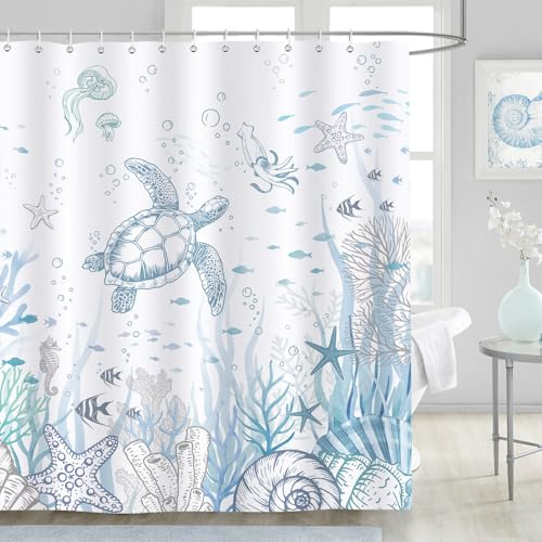 Dazzlewall Meeresschildkröten Strand Duschvorhang 183x183 cm Anti-Schimmel | Korallenriff Look für moderne Räume, wasserabweisend, schnelltrocknend, waschbar, inkl. 12 Haken, für Dusche, Wanne & WC