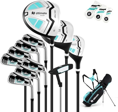 COSTWAY Ensemble Club de Golf Portable pour Femmes, Sac Trépied avec Driver 460CC #1, Bois de Parcours #3 Hybride Fers #5#6#7#8#9#P #S Putter, Couvre-Chefs et Housses pour Droitier (Vert)