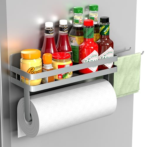 ZUNTO Magnetic Paper Towel Holder for Fridge, Strong Magnet Paper Towel Roll Holder with Spice Shelf and 2 Hooks, No Drilling Kitchen Organizer for Refrigerator, RV, Bathroom, Gray