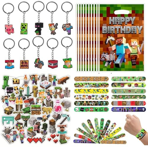 LGUZAKO 82pcs Party Favors, Party Bag Fillers for Kids 12 Wristbands 50 Stickers 10 Keychains 10 Gift Bags Party Fvours for Birthday Christmas Crackers (82pcs)