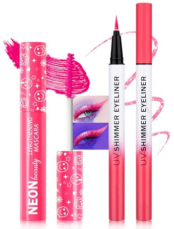 Rosa UV Neon Mascara & Eyeliner, Wasserfest Wimperntusche Volume and Lange, Glitter Liquid Eyeliner Bunt, UV Activated Makeup Long Lasting Fluorescent, Festival Zubehör für Weihnachten Karneval Party