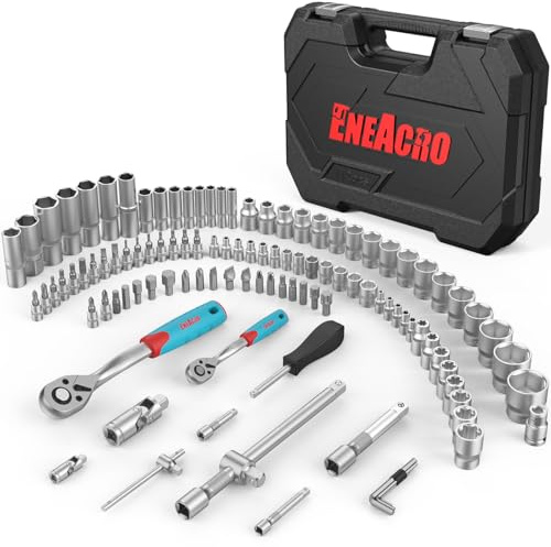 ENEACRO Set Chiavi a Bussola 112 Pezzi con 1/2 & 1/4, Bussole, Estensioni, Bits, Acciaio Cromo-Vanadio, Custodia Inclusa - Set Chiavi a Cricchetto Completo