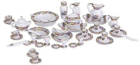 Juego de té en Miniatura Mini Porcelana Tapot Cacups Plates Kit de Platos Accesorios de casa de muñecas 40 Piezas | Set de té de casa de muñecas