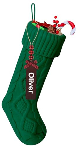 RIVIEVAL Calze di Natale con targhette Personalizzate, Grandi Calze in Maglia a Treccia per Decorazioni su Camino e Albero (45 cm - Verde - 1 Pezzo)