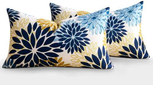 LRartdeco Funda Cojin 30x50 Juego de 2 Azul y Amarillo Cojines Sofa Moderna Dalia Funda Almohada Exterior Decorativo Rectangular Pillowcase para Salon Dormitorio Patio Balcón