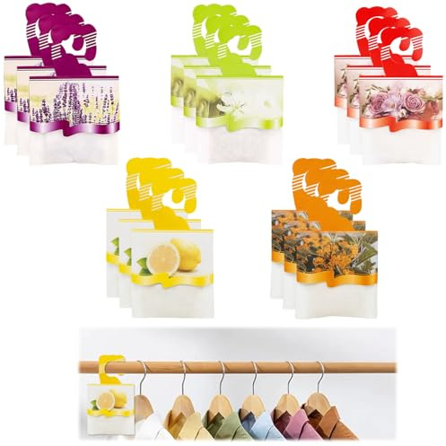 15 Stück Duftsäckchen Kleiderschrank,5 verschiedenen Blumen- und Fruchtaromen, langanhaltender Schrankduft für Kleiderschrank und Schubladen, praktische Duftkissen für Frische und Wohlbefinden