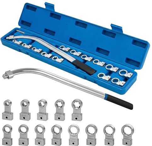 Hocomay 15-teiliges Spannrollenschlüssel Set, mit 13 Aufsätzen, E-Profile & 12-kant, Vielzahn Zahnriemen Werkzeug