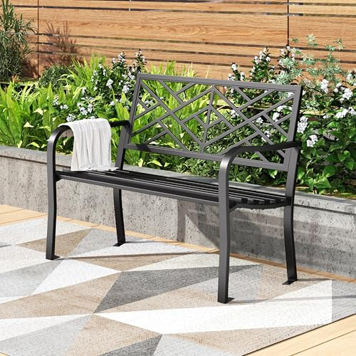 PHI VILLA 111 cm Gartenbank Metall Gusseisen Rückenlehne Geometrischer | 2 Sitzer Bank Outdoor mit Gusseisen-Rückenlehne, Pulverbeschichtet Stabiler Metallrahmen, Wetterfest