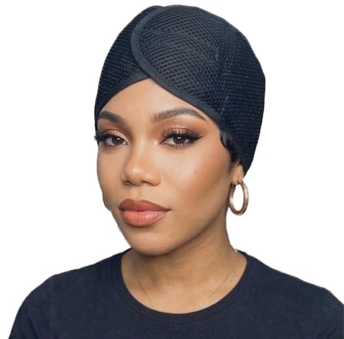 DONNA Deluxe Foam Mesh Wrap – Olive Oil + Vitamin E Treated Hair Wrap for Women, Adjustable Head Wrap, Breathable Mesh & Soft Foam Padding for Sleep or Styling, Black