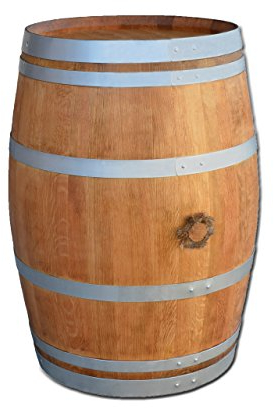 Temesso Stehtisch aus Weinfass, Dekofass, Gartentisch aus Holzfass - Fass geschliffen und geölt mit silbernen Ringen